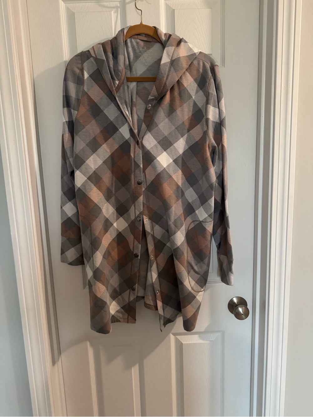 Cuddl Duds Plaid Hooded Button-Front Shirt Jacket - Gray & Brown white 1X